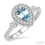 7X5MM Pear shape Aquamarine Center and 1/4 Ctw Round Cut Diamond Precious Stone Ring in 14K White Gold