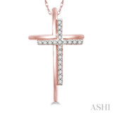 1/10 ctw Double Cross Round Cut Diamond Pendant With Link Chain in 10K Rose Gold