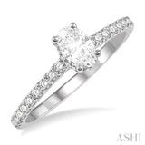 5/8 ctw Oval Shape Center Stone Ladies Engagement Ring with 3/8 Ct Oval Cut Center Stone in 14K White Gold