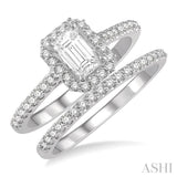 1/2 ctw Diamond Wedding Set With 3/8 ctw Emerald Cut Center Engagement Ring and 1/10 ctw Wedding Band in 14K White Gold