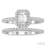 1/2 ctw Diamond Wedding Set With 3/8 ctw Emerald Cut Center Engagement Ring and 1/10 ctw Wedding Band in 14K White Gold