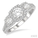 7/8 ctw Triple Cushion Shape Mount Diamond Engagement Ring in 14K White Gold