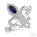 6x3 MM Marquise Shape Sapphire and 1/10 Ctw Round Cut Diamond Fleur De Lis Precious Ring in 10K White Gold