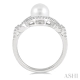 7 MM Round Shape Cultured Pearl and 1/5 Ctw Round Cut Diamond Twisted Open Lattice Ring in 10K White Gold