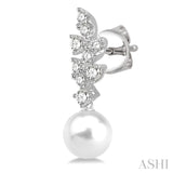 8 MM Cultured Pearlsr and 1/3 ctw Diamond Creepe Dangler Earrings in 14K White Gold