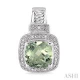 8x8 MM Cushion Shape Green Amethyst and 1/20 ctw Single Cut Diamond Earrings in Sterling Silver