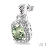 8x8 MM Cushion Shape Green Amethyst and 1/20 ctw Single Cut Diamond Earrings in Sterling Silver
