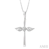 1/10 ctw Angel Wing Round Cut Diamond Cross Petite Pendant With Chain in 10K White Gold