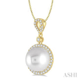 12 MM Cultured Pearl and 3/8 ctw Round Cut Diamond Pendant in 14K Yellow Gold with chain
