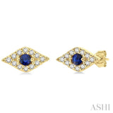 2.0 MM Round Cut Sapphire and 1/10 Ctw Evil Eye Round Cut Diamond Precious Petite Fashion Earring in 14K Yellow Gold