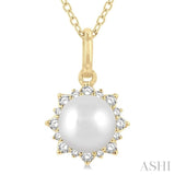 6 MM Round Shape Cultured Pearl and 1/10 Ctw Petite Sun Round Cut Diamond Fashion Pendant With Chain in 10K Yellow Gold