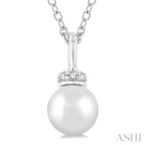 6 MM Round Shape Cultured Pearl and 1/20 Ctw Petite Round Cut Diamond Crown Fashion Pendant With Chain in 10K White Gold