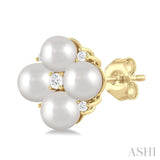 4 MM Round Shape Floral Cultured Pearls and 1/10 ctw Round Cut Diamond Fashion Stud Earring in 10K Yellow Gold