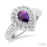 7X5 MM Pear Cut Amethyst and 1/20 Ctw Round Cut Diamond Semi-Precious Ring in Sterling Silver