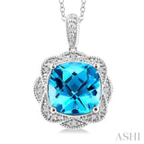 10X10 MM Cushion Shape Blue Topaz and 1/20 Ctw Round Cut Diamond Semi-Precious Pendant With Chain in Sterling Silver