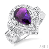 1/20 ctw Pear Cut 10X7 MM Amethyst and Round Cut Diamond Semi Precious Ring in Sterling Silver