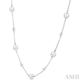 5 MM Round Shape Cultured Pearl and 1/4 Ctw Round Cut Diamond Station Necklace in 14K White Gold