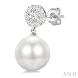 7 MM Cultured White Pearl and 1/4 Ctw Disc Top Lovebright Round Cut Diamond Fashion Earrings in 14K White Gold