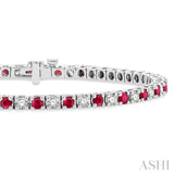 2.5 MM Ruby and 1 1/2 Ctw Round Cut Diamond Square Box Link Precious Tennis Bracelet in 14K White Gold