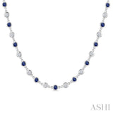 2.85 MM Round Shape Sapphire and 2 5/8 Ctw Bezel Set Round Cut Diamond Precious Station Necklace in 14K White Gold