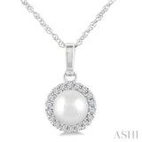 5 MM Cultured White Pearl and 1/20 Ctw Round Cut Diamond Halo Pendant With Chain in 10K White Gold