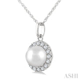 5 MM Cultured White Pearl and 1/20 Ctw Round Cut Diamond Halo Pendant With Chain in 10K White Gold