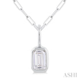 1/5 ctw Emerald Cut Bezel Set Diamond Fashion Pendant With Paperclip Chain in 14K White Gold