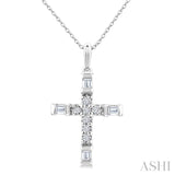 1/20 Ctw Baguette and Round Cut Diamond  Cross Shape Fashion Pendant With Chain in 10K White Gold