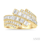 1.00 ctw Triple Row Bypass Fusion Baguette and Round Cut Diamond Fashion Ring in 14K Yellow Gold
