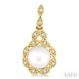 6X6 MM Round Shape Cultured Pearl and 1/8 ctw Cutwork Marquise Round Cut Diamond Fashion Earring in 14K Yellow Gold