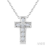 1/20 Ctw Baguette and Round Cut Diamond  Cross Shape Fashion Pendant With Chain in 10K White Gold