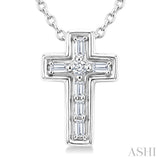 1/20 Ctw Baguette and Round Cut Diamond  Cross Shape Fashion Pendant With Chain in 10K White Gold