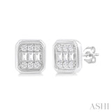 1/5 Ctw Petite Bezel Set Emerald Shape Fusion Baguette and Round Cut Diamond Fashion Stud Earring in 10K White Gold