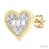 1/5 Ctw Petite Bezel Set Heart Shape Fusion Baguette and Round Cut Diamond Fashion Stud Earring in 10K Yellow Gold