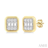 1/5 ctw Petite Bezel Set Emerald Shape Fusion Baguette and Round Cut Diamond Fashion Stud Earring in 10K Yellow Gold