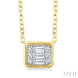 1/6 Ctw Petite Bezel Set East-West Emerald Shape Fusion Baguette and Round Cut Diamond Fashion Pendant With Chain in 10K Yellow Gold