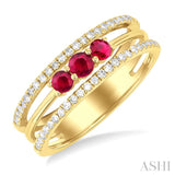 3.2 MM, 2.7 MM Round Cut Ruby & 1/4 ctw Single Cut Diamond Past, Present and Future Precious Layered Fashion Ring in 10K Yellow Gold