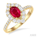 7x5 MM Oval Cut Ruby & 5/8 ctw Baguette and Round Cut Diamond Halo Precious Ring in 14K Yellow Gold