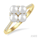 4 MM Floral Center Round Shape Cultured Pearl and 1/8 Ctw Round Cut Diamond Fashion Ring in 10K Yellow Gold