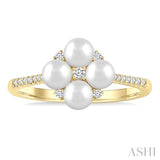 4 MM Floral Center Round Shape Cultured Pearl and 1/8 Ctw Round Cut Diamond Fashion Ring in 10K Yellow Gold
