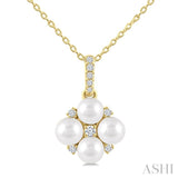 4 MM Floral Round Shape Cultured Pearl and 1/10 Ctw Round Cut Diamond Fashion Pendant With Chain in 10K Yellow Gold