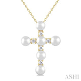 4 MM Cross Cultured Pearl and 1/6 Ctw Round Cut Diamond Fashion Pendant With Chain in 10K Yellow Gold
