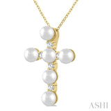 4 MM Cross Cultured Pearl and 1/6 Ctw Round Cut Diamond Fashion Pendant With Chain in 10K Yellow Gold