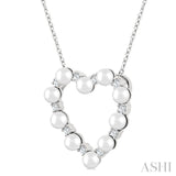3 MM Round Shape Cultured Pearl and 1/5 Ctw Round Cut Diamond Heart Shape Pendant With Chain in 14K White Gold