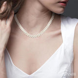 3 MM Round Shape Cultured Pearl and 2 1/5 ctw Triple Row Round Cut Diamond Fashion Necklace in 14K Yellow Gold