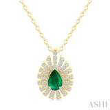 1/3 Ctw Starburst 6X4MM Pear Cut Emerald and Round Cut Diamond Precious Pendant With Chain in 14K Yellow Gold