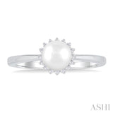 6 MM Round Shape Cultured Pearl and 1/10 Ctw Petite Round Cut Diamond Floral Halo Fashion Ring in 10K White Gold