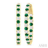 2.1 MM Round Emerald and 1.00 ctw Round Cut Diamond Inside & Outside Alternating Precious Hoop Earrings in 14K Yellow Gold