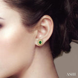 4x3 MM Oval Shaped Emerald and 1/10 ctw Single Cut Diamond Earrings in 10K Yellow Gold