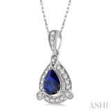 6x4 MM Pear Shape Sapphire and 1/10 ctw Round Cut Diamond Pendant in 14K White Gold with Chain